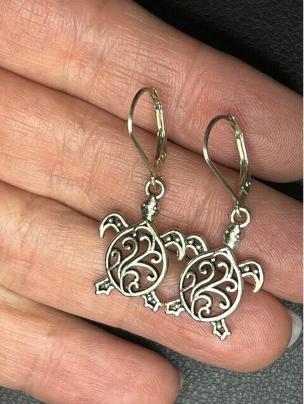 B7379 Sea Turtle Leverback Dangle Earrings Sterling Silver Gold Tone 1.5" drop